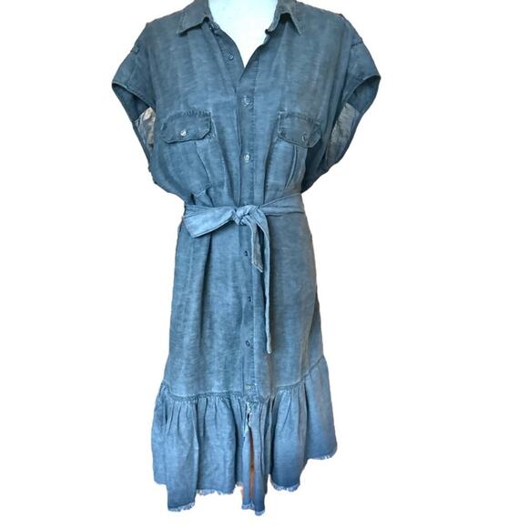 NSF Charcoal Gray Denim Belted Raw Hem Collared Shirt Dress – Size Medium - Picture 2 of 11